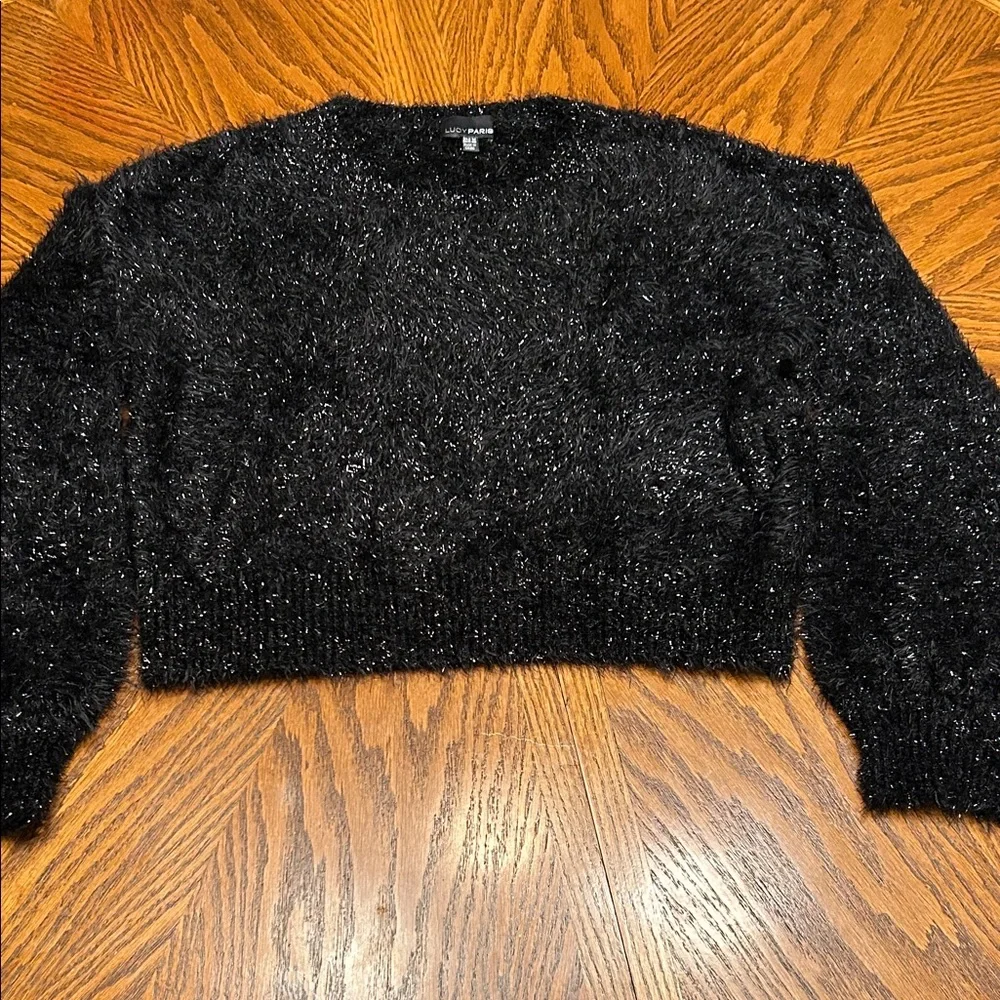 NWOT Lucy Paris Lola Black Sparkly Fuzzy Balloon Sleeve Cropped Sweater. Size M